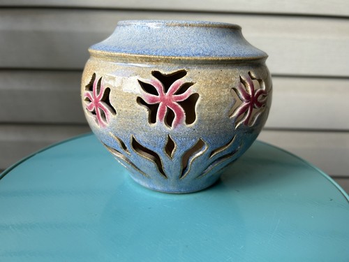 Gary Michel Blue Tan Pink Flowers Garden Art Pottery Lantern Candle Holder 5"