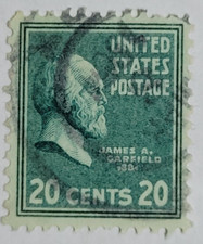 US POSTAGE ~ James A. Garfield ~ Green 20₵ Stamp ~ Cancelled/Posted ~ c.1938 -31