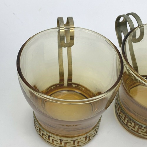 2 Libbey Amber Glass Coffee Tea Cocoa Cups Mugs Gold Metal Accents Handles Vtg - Picture 11 of 12