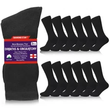 12 Pairs Black New Diabetic Crew Socks Circulatory Health Cotton Loose Fit Top 