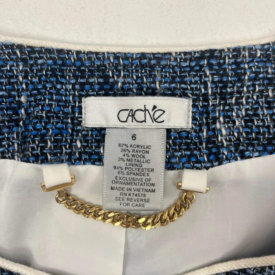 Cache 粗花呢西装外套四口袋夹克编织蓝色金属女式 6 — 第 3/4 张图片