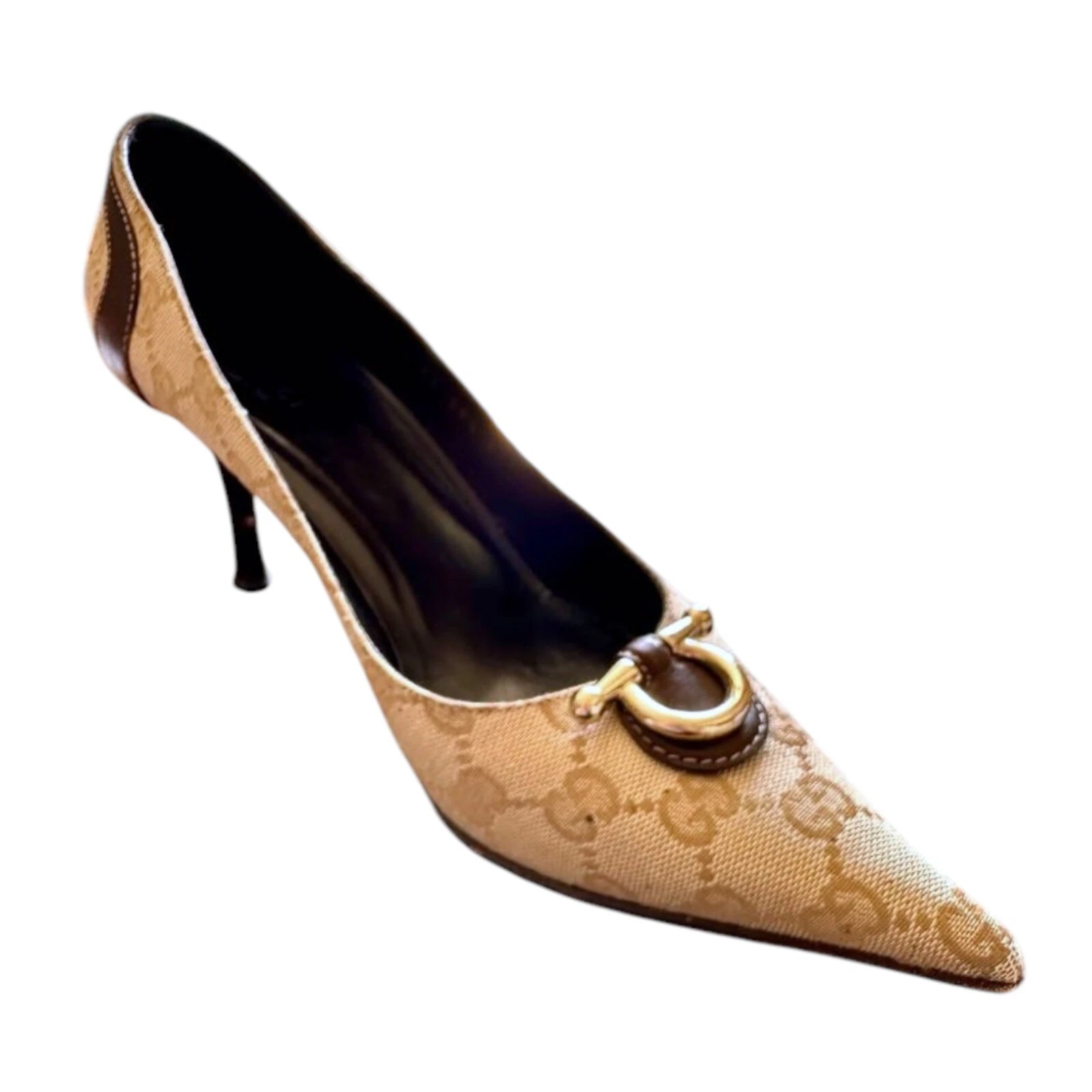 Escarpins GUCCI Ascot toile beige monogramme Horsebit GG, taille 38,5