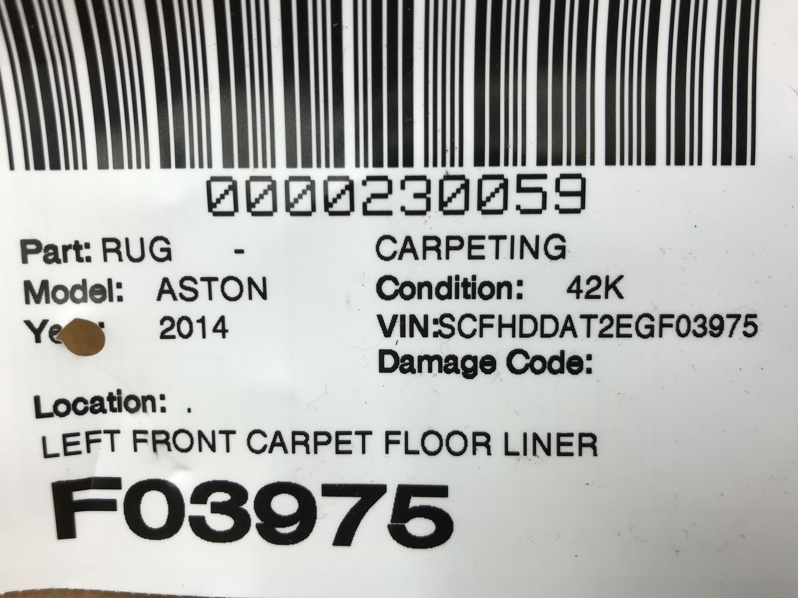 ASTON MARTIN RAPIDE LEFT FRONT CARPET FLOOR LINER SET BLACK AD43-13165-ABW OEM