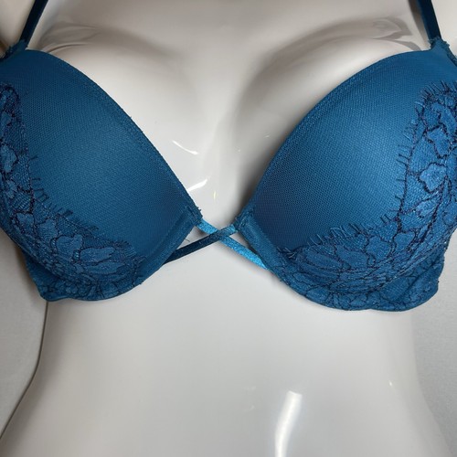 Victoria's Secret Bombshell + 2 cups plunge bra teal Blue lace Size 32C Push UP - Picture 4 of 10