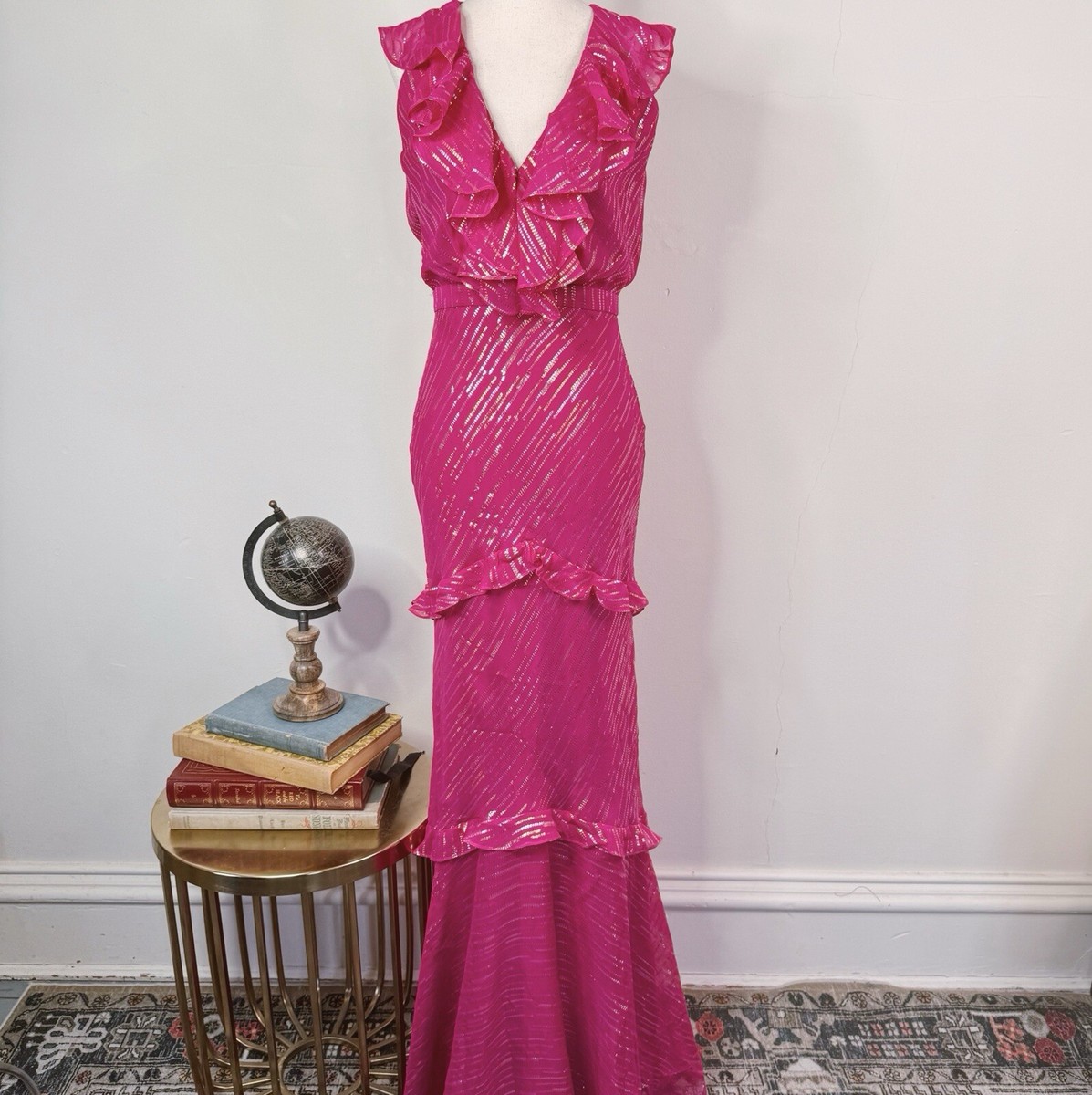 NWT Saloni Rita Ruffle Maxi Dress Metallic Silk Jacquard Pink Size