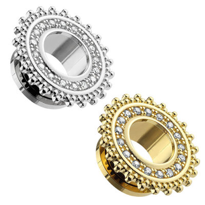 Ohr-Tunnel Mit Zirkonia-Kranz - Edelstahl Screw Fit 1.2-25mm