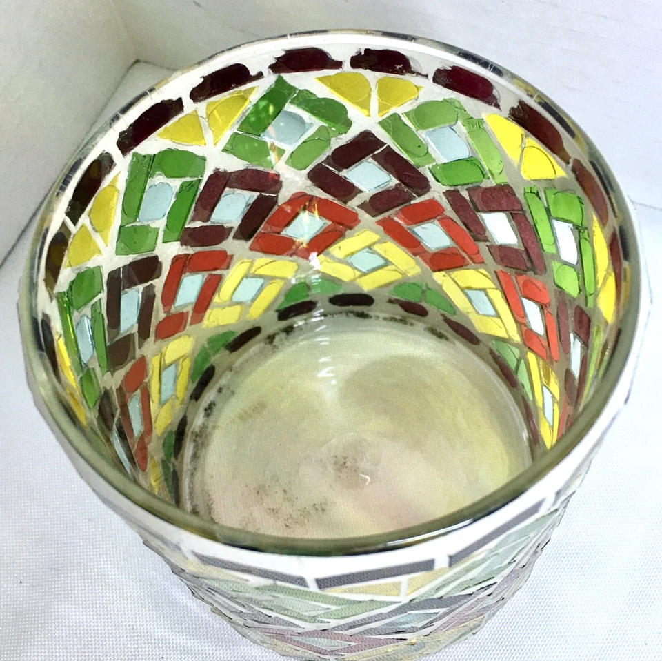 Mosaic Squares Stained Glass Red Green & Yellow Glass Vase CandleHolder - Image 3 of 4