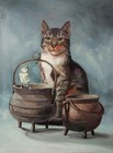 Peinture à l'huile originale chat regardant un oiseau assis sur un chaudron p...