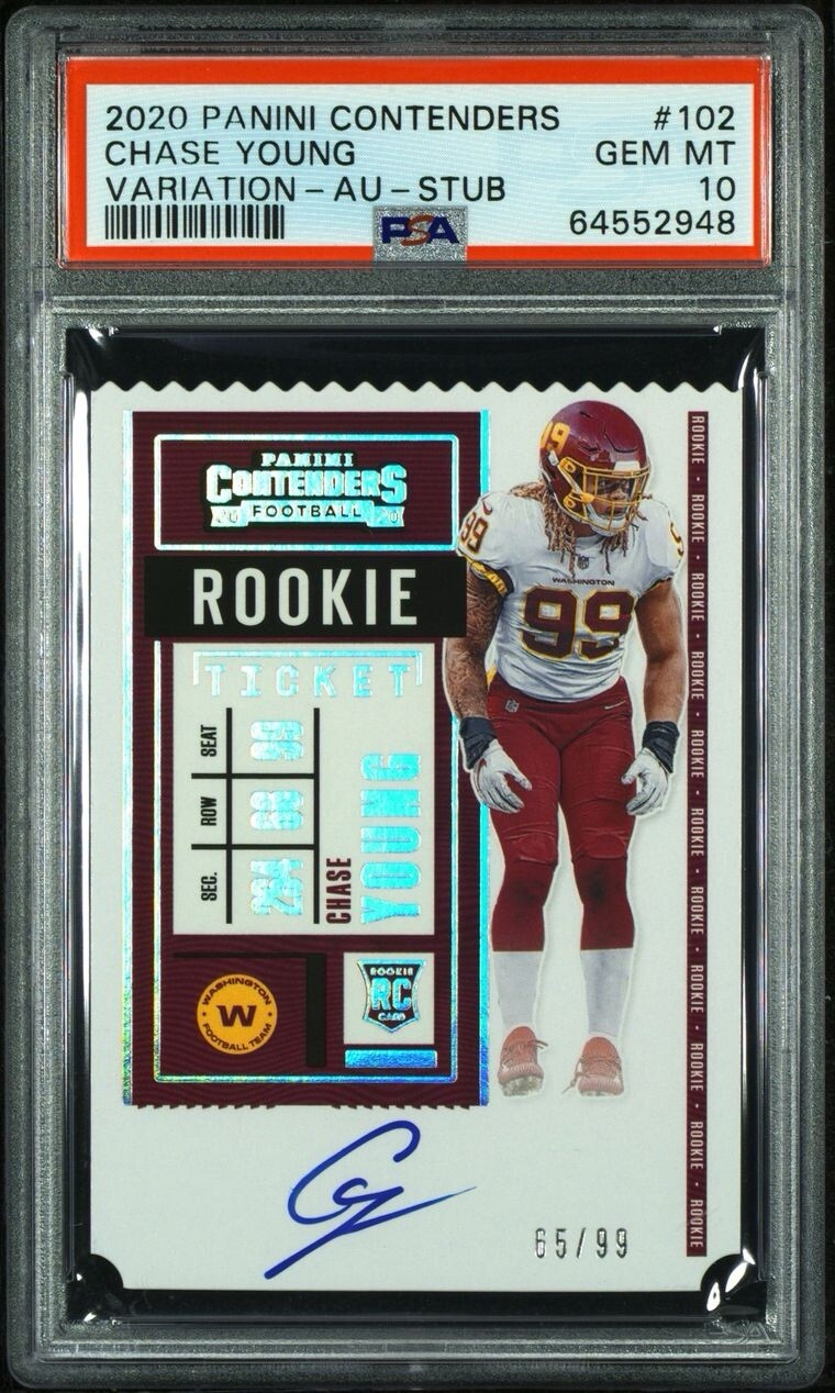 2020 Chase Young Auto RC Panini Contenders 65/99 Ticket Stub Autograph - PSA 10