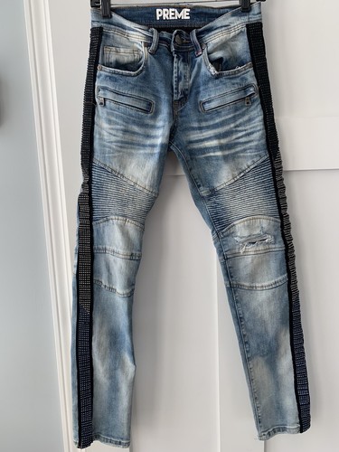 Preme Rhinestone Detail Peruvian Moto Skinny distressed Stretch Jeans 28x31 NICE