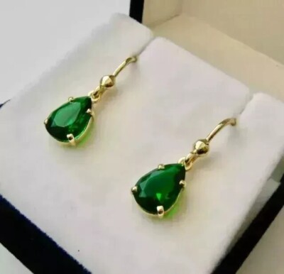 2Ct Pear Cut Simulated Emerald Drop Dangle Earrings 14k Yellow  Gold Plated