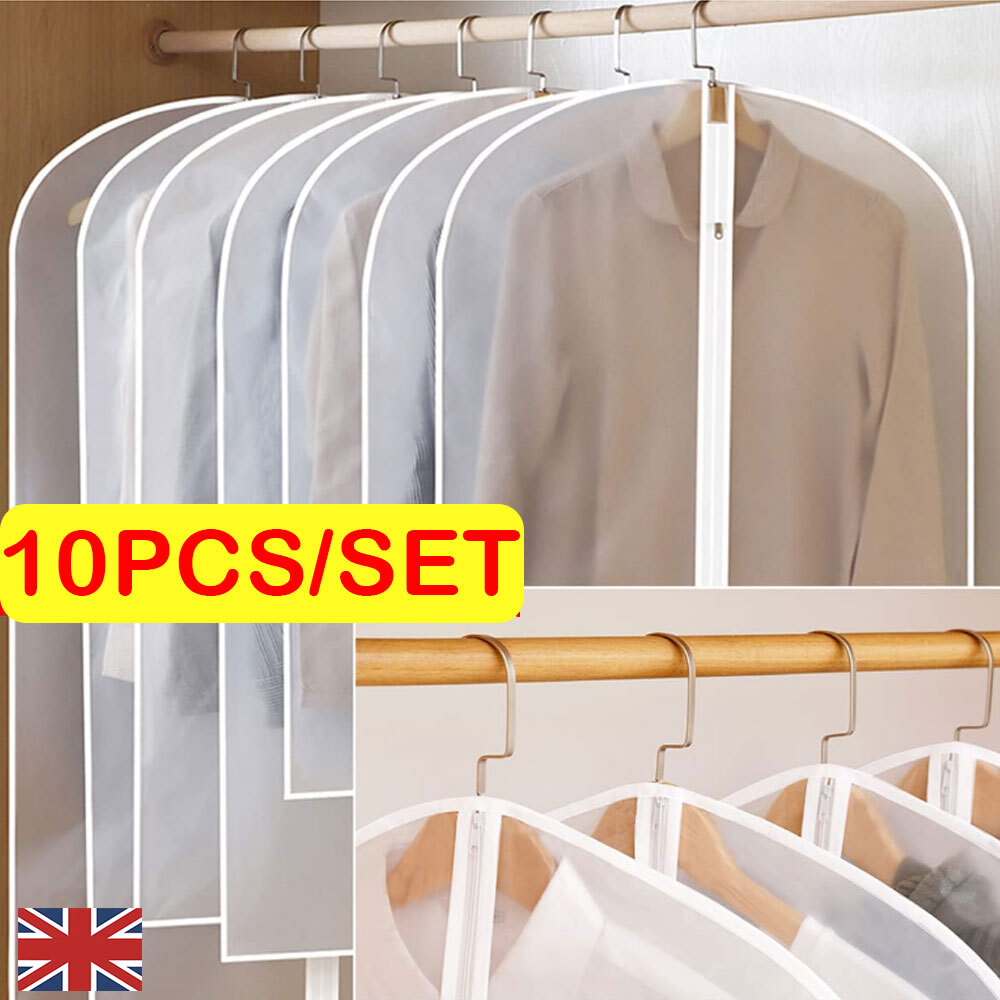 10Pcs Clear Polythene Garment Covers Suit Dress Coat Dust Protector Zip