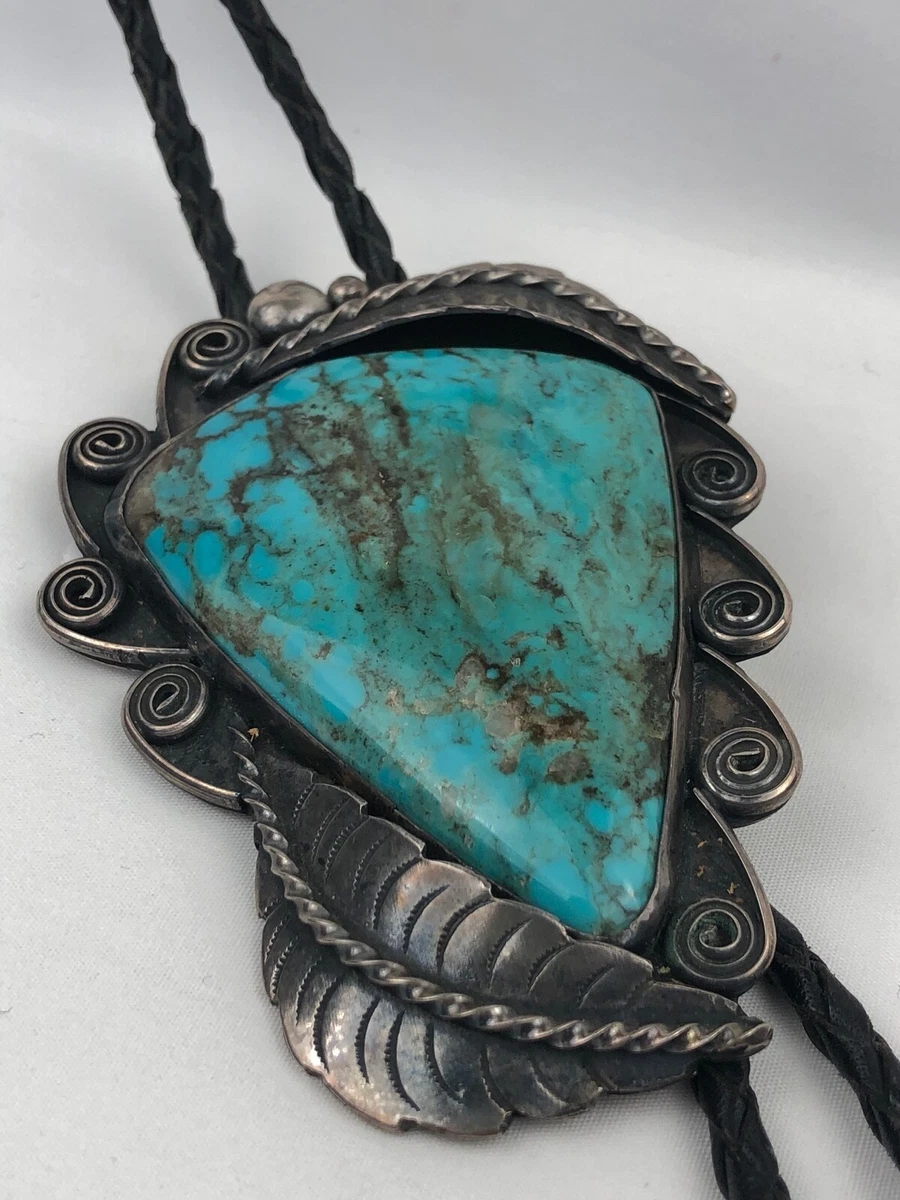 Vintage Navajo Sterling Silver Turquoise Bolo Tie SIGNED AK