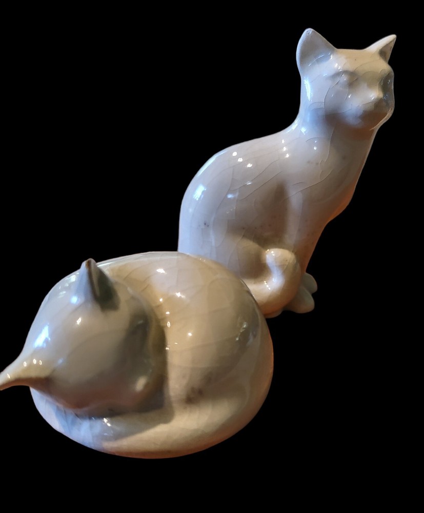 2 Mid-Cent Modernist Style White Ceramic Miniature Cat Figurines  Glossy White