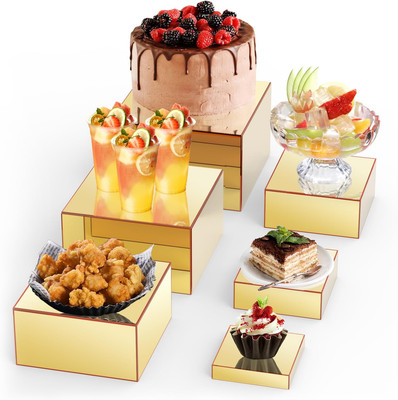 6Pcs Buffet Risers,Mirror Acrylic Food Risers for Buffet Table,Gold Food Display