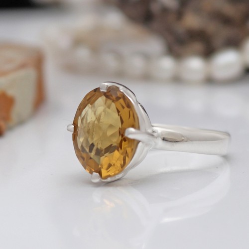 Anello in argento sterling al quarzo birra taglio a scacchi naturale con set ... - Foto 2 di 7