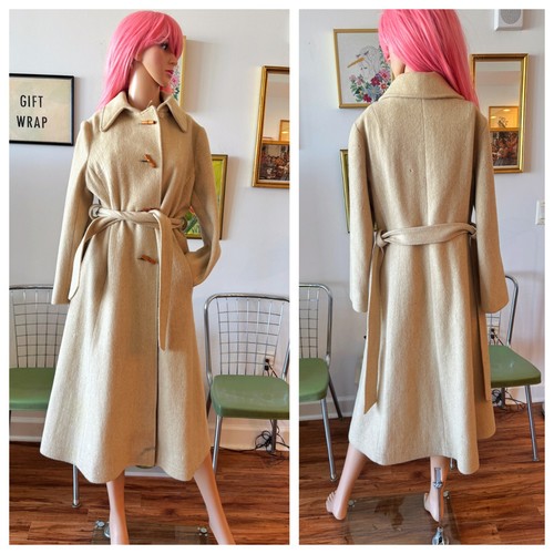 Vintage 60s Cream Wool Swing Coat Toggle Belted Trench Spy Drama M