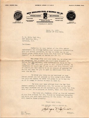 1923 New England Fuel & Supply Co. Boston Coal Business Letter Ephemera