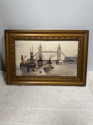 Vintage Aquarell Dampfschiffe auf der Themse London Tower Bridge 12 x8  gerahmt