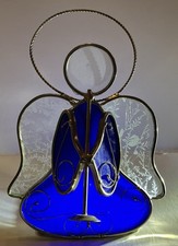 Blue  Silver Stained Glass Angel w/ Horn Tealight Votive Candle Holder