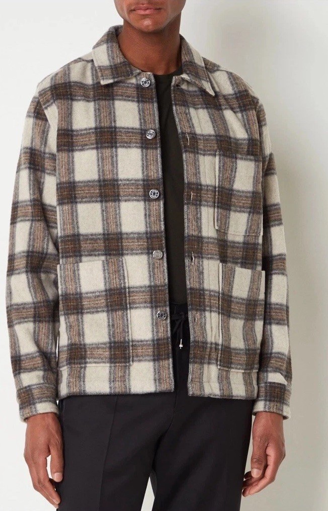 Reiss Avril Shacket Checked Button  Over shirt Jacket Beige Multi Size Small