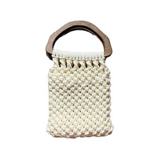 Vtg Macrame Wooden Handle Bag Crochet Cream Cottagecore Boho Grannycore Beachy