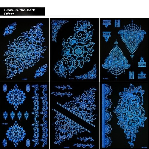 6 Sheets Lasting Mandala Temporary Tattoos Blue Luminous Lace Fake Tattoos Arm - Picture 7 of 18