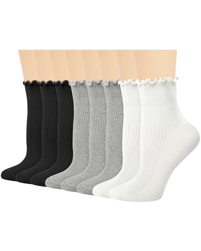 Ruffle Socks for Woman Girls, Soft Casual Knit Ankle White Gray Ruffle Style - Picture 1 of 6