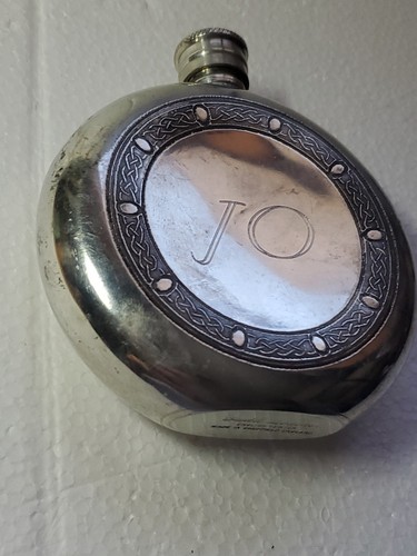 Vnt Whiskey Flask Sheffield Pewter Budd Leather Round Celtic Emboss Initial "JO" - Picture 12 of 12