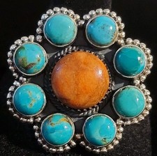 New Sterling Silver Adjustable Flower Ring with Turquoise  Sponge Coral