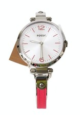 NEW FOSSIL SILVER TONE S/STEEL HOT PINK LEATHER INLAY BANGLE BAND WATCH ES3258