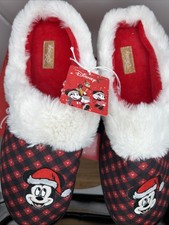 Disney Mens Sz 11/12 Christmas Slippers Red Embroidered Mickey W/Santa Hat NEW