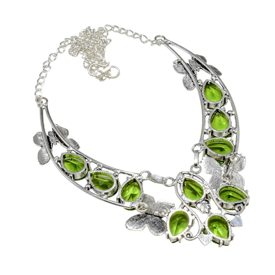 Green Peridot Gemstone Butterfly Handmade 925 Sterling Silver Necklace 18" - Image 4 of 4
