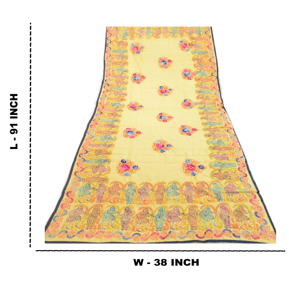 Velo de seda de algodón con estola Kantha bordado a mano amarillo Dupatta de colección sánskriti Foto 4 de 4