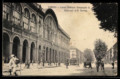 AK Torino, Corso Vittorio Emanuele II, Stazione di P. Nuova, con tram e ciclist 