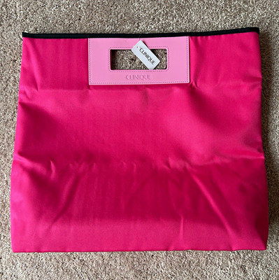 Clinique Pink & Black Makeup Bag Tote Cosmetic Organizer, Cutout Handle 15 x17 