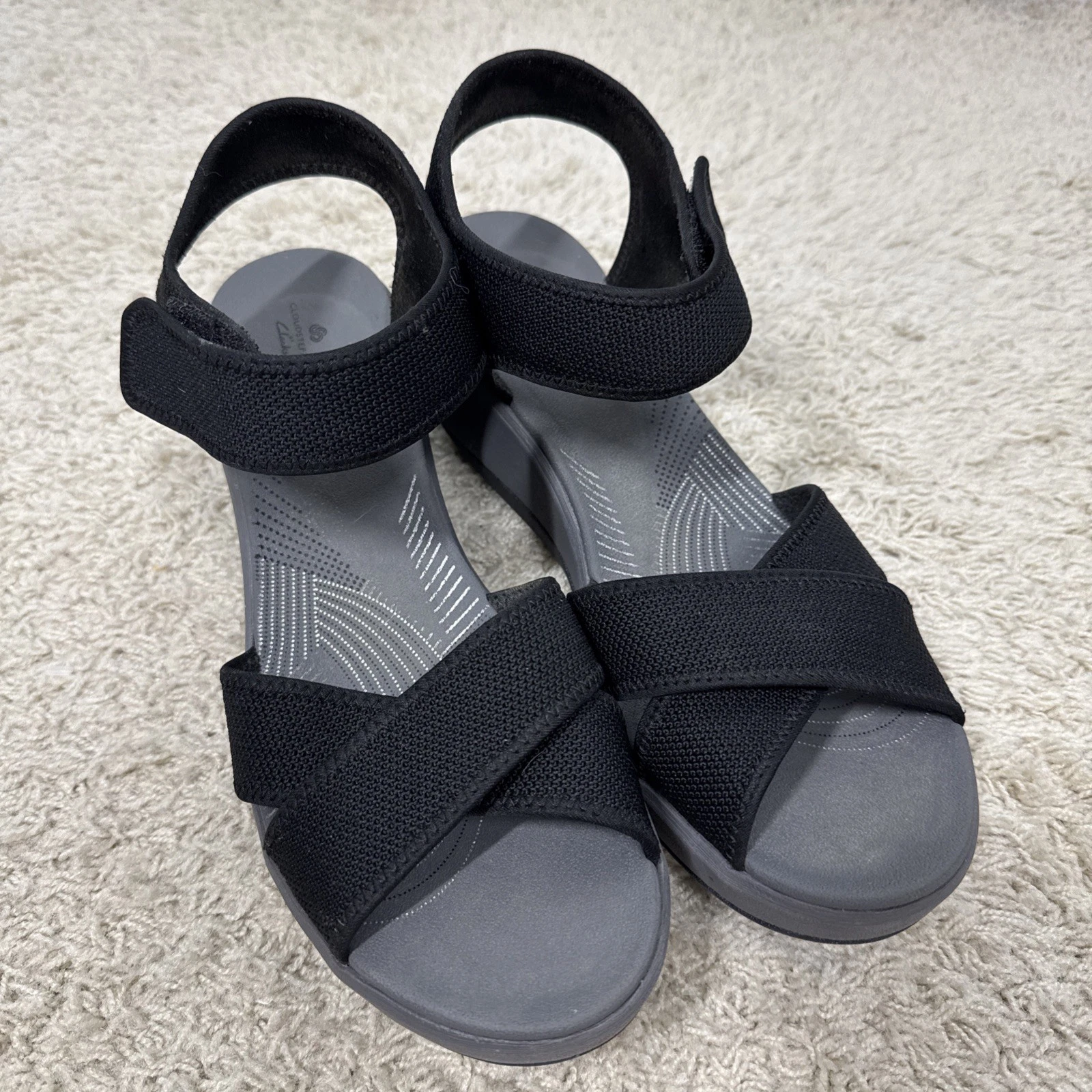 Sandali donna Clarks Cloudsteppers sportivi con cinturino nero zeppa comodi taglia 11M