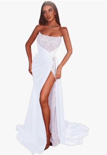 Neu Hochzeit glitzernde Pailletten Abschlussball Damen Kleider Meerjungfrau Brautjungfer weiß - Bild 1 von 1