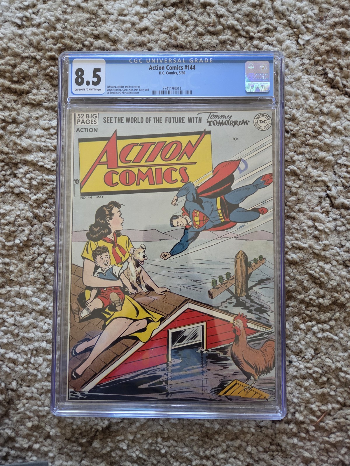 ACTION COMICS #144 CGC VF + 8.5. OW-W  (Very Rare!) Pop. 3, Only 1 Higher (1950)