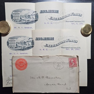 Heine Excelsior Works Advertising 2x Letterhead Silver Creek NY W/cover 1891