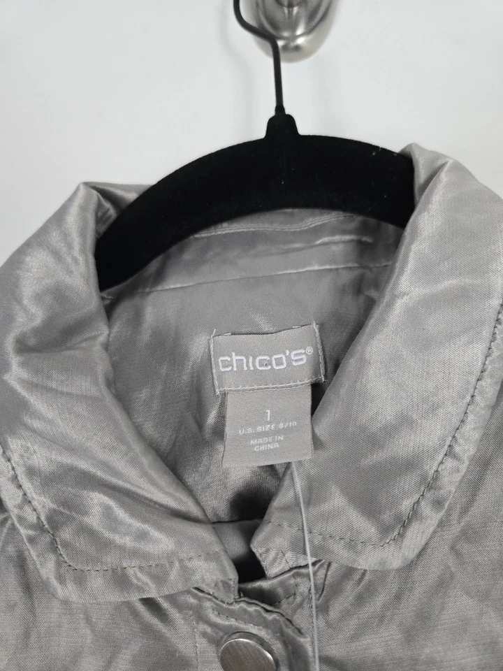 Nwt Chico's Utility Blazer Size 10 (1R) Gray Metallic Long Sleeve Snap Button - Image 2 of 4