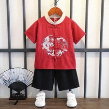 Chinese Children Clothes Tang Suit Boy Hanfu Short Sleeves Shirt Shorts