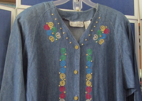 NEW Gorgeous DENIM Tunic TOP Blue w. Embroidery by SAINT GERMAIN Paris 55" Bust - Picture 2 of 7