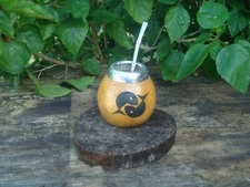  Mate Gourd, Engraved, Zodiac Sign Pisces, Hand Made- Straw Spoon  +  Mate