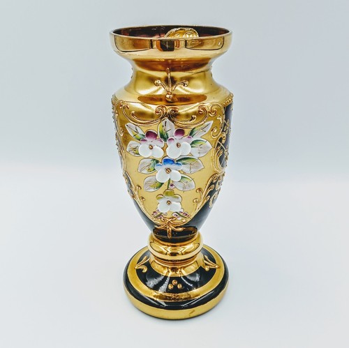 Vintage Bohemia Glass Vase Amethyst High Enamel Gold Original Label - 11.5 cm - Picture 4 of 9