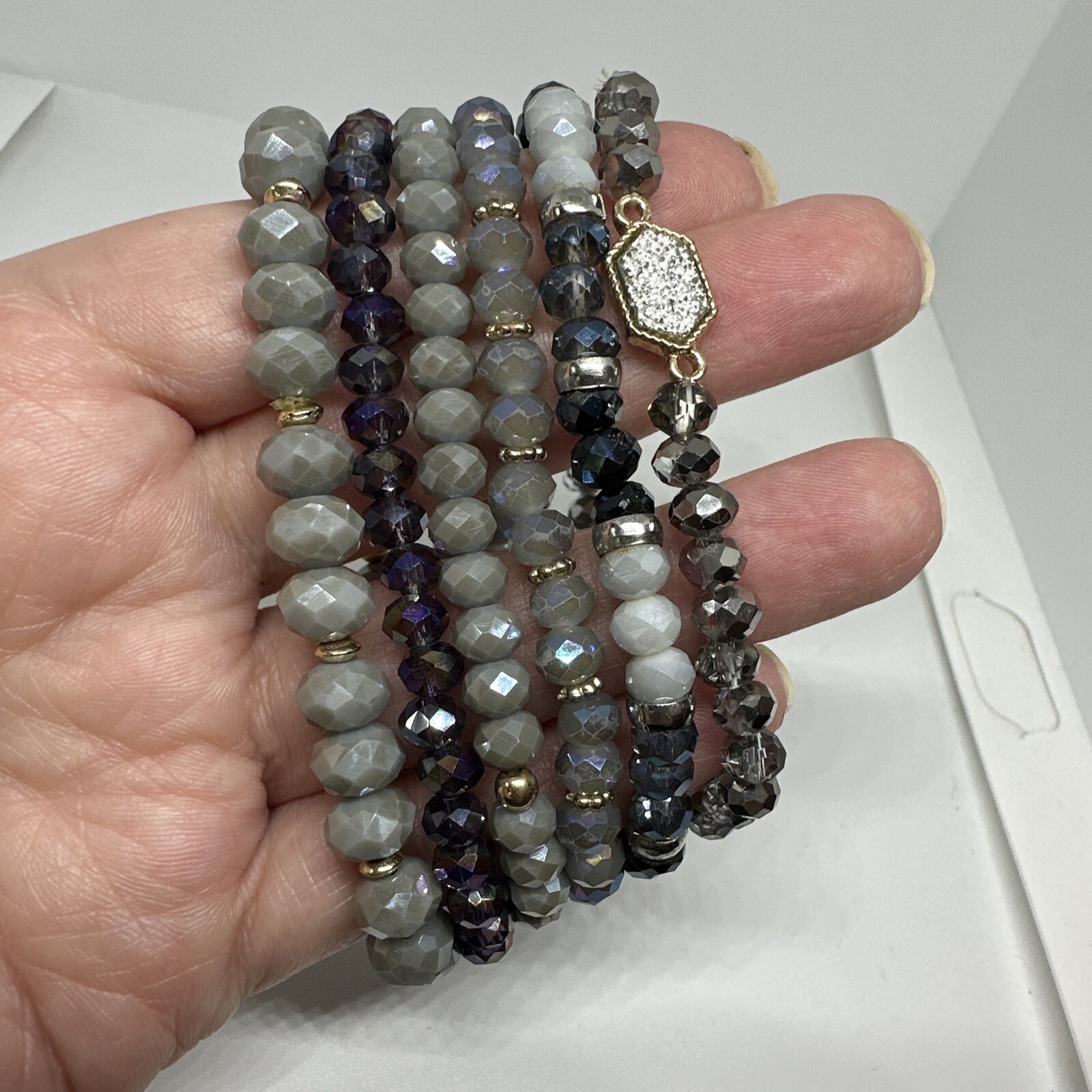 Lot 6 Stack Stretch Bracelets Crystals Aurora Bor… - image 1