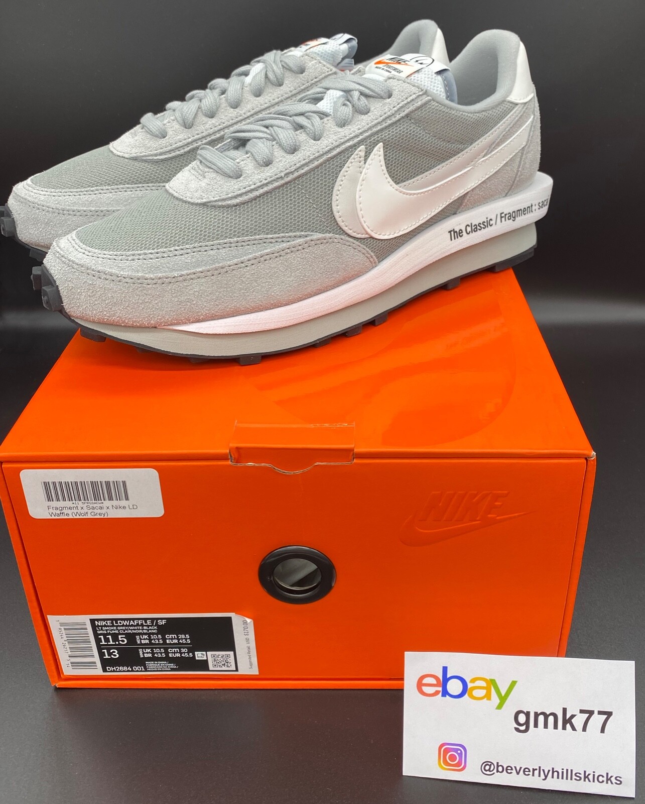 SACAI X NIKE Nike LDV Waffle x Fragment Design x Grigio Sacai DH2684 001 Nuovissima Deadstock