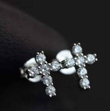 1.5Ct Genuine Moissanite Men's Cross Stud Earring 14k White Gold Plated Silver