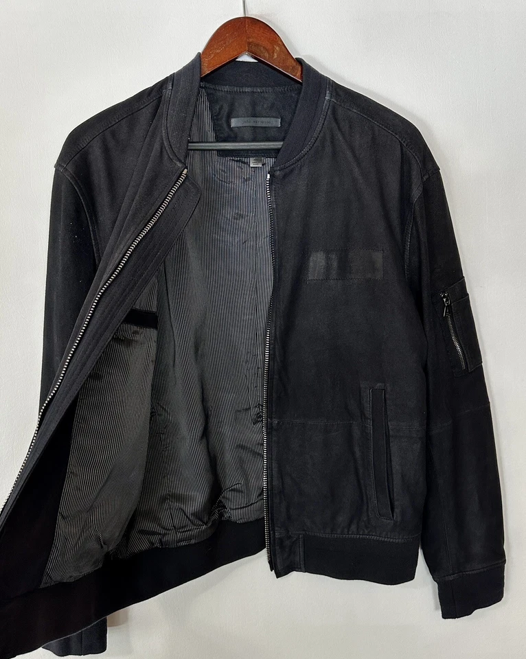 #215 Colección John Varvatos Fácil Ajuste Piel de Cabra Gamuza Doble Cremallera Bombardero Talla S Foto 3 de 4