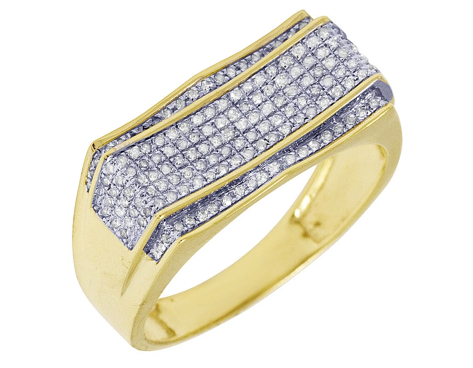 Men's Yellow Gold Wave Concave Diamond Pave Pinky Ring 0.4 CT